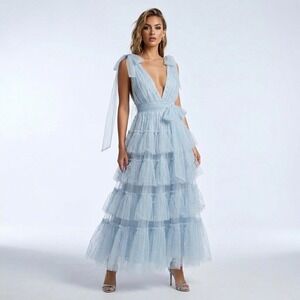 Mable Blue Tulle Pearl Tiered Ruffle Maxi Dress V-Neck Tie Strap MD3294 Women M